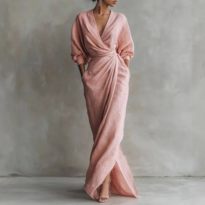 Elegantes Maxikleid mit Drapierung für Damen – Figurbetontes Wickelkleid mit V-Ausschnitt
