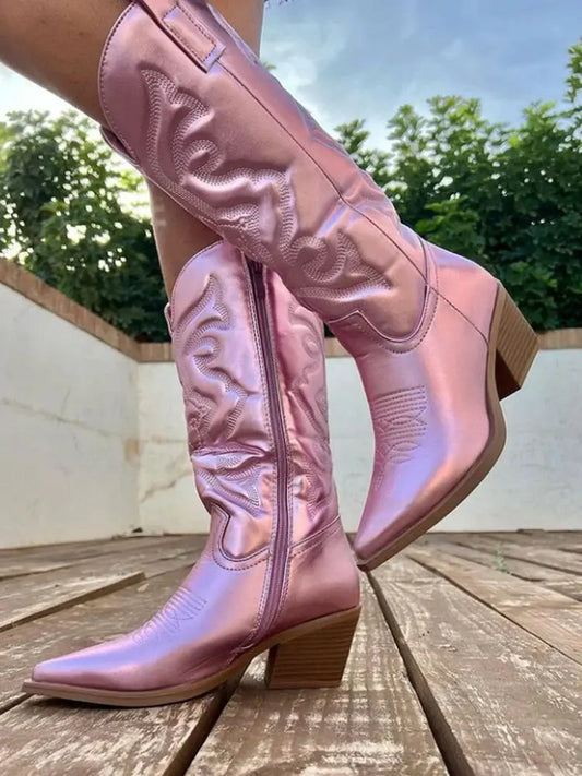 Lunéaëlle - Metallische Bestickte Cowboy-Stiefel im Western-Stil | Must-Have Mode für Frühling und Festivals