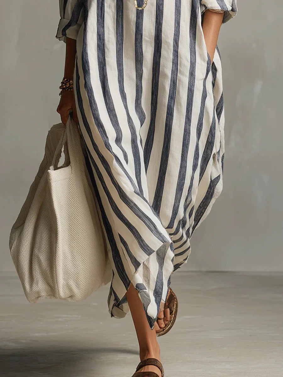Gestreiftes Maxikleid mit Hemdkragen für Damen – Luftiges Oversize Sommerkleid mit Taschen