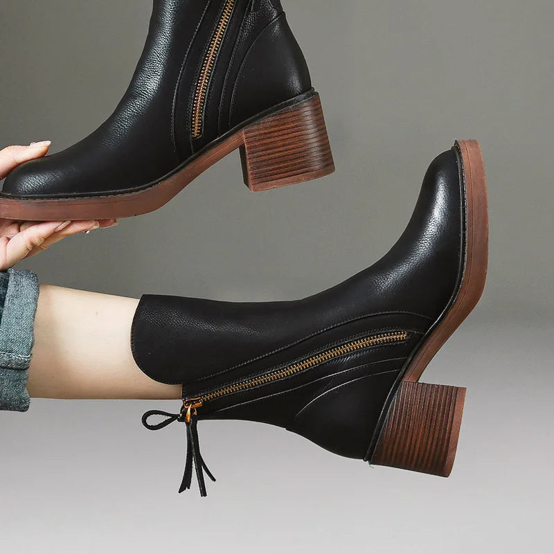 Elegante Damen Leder Stiefeletten mit Blockabsatz – Bequeme Boots mit Reißverschluss