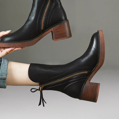 Elegante Damen Leder Stiefeletten mit Blockabsatz – Bequeme Boots mit Reißverschluss