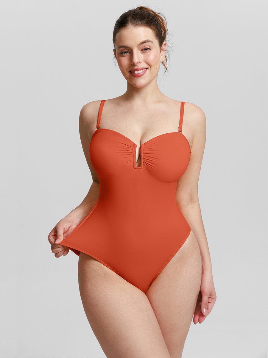 Figurformender Bandeau Badeanzug mit V-Ausschnitt & Trägern – Eleganter Shaping Swimsuit für Damen