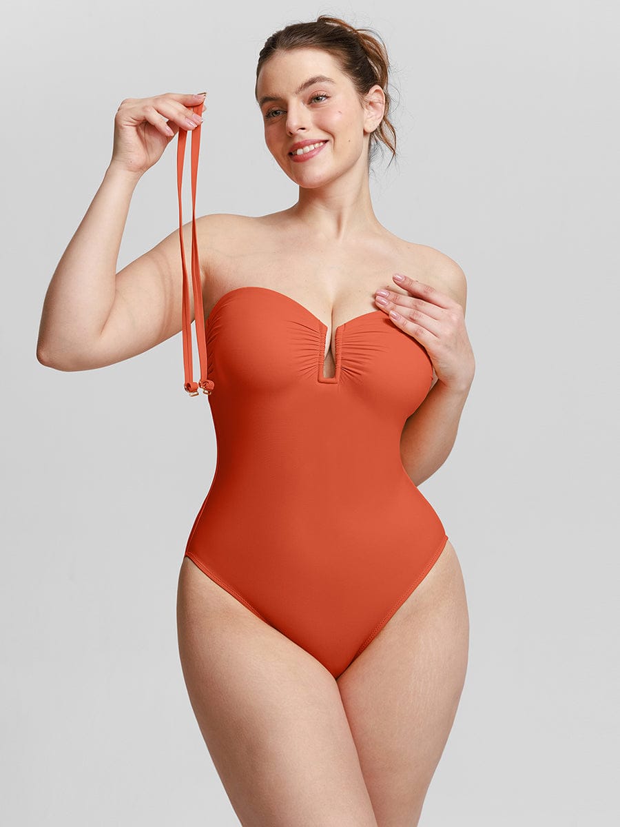 Figurformender Bandeau Badeanzug mit V-Ausschnitt & Trägern – Eleganter Shaping Swimsuit für Damen