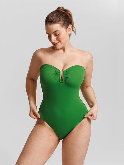 Figurformender Bandeau Badeanzug mit V-Ausschnitt & Trägern – Eleganter Shaping Swimsuit für Damen