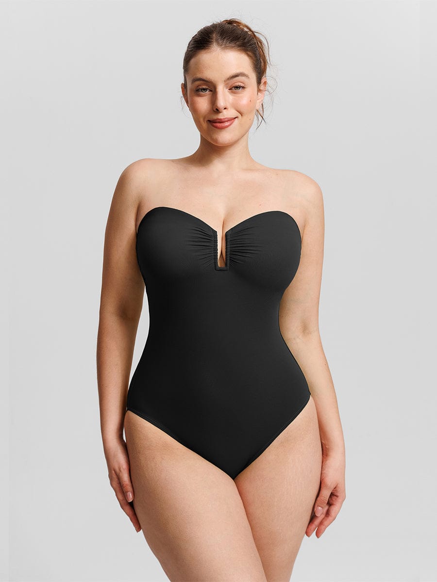 Figurformender Bandeau Badeanzug mit V-Ausschnitt & Trägern – Eleganter Shaping Swimsuit für Damen