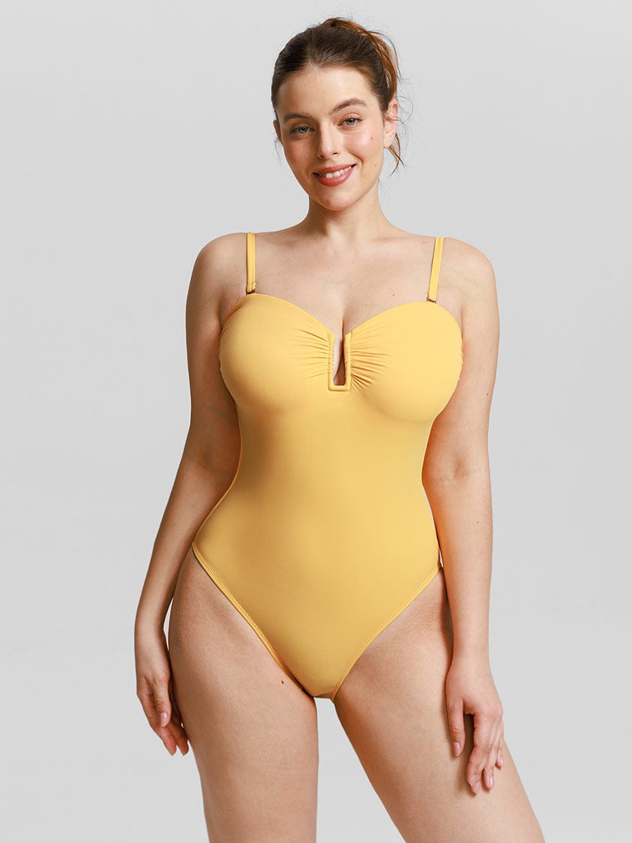 Figurformender Bandeau Badeanzug mit V-Ausschnitt & Trägern – Eleganter Shaping Swimsuit für Damen