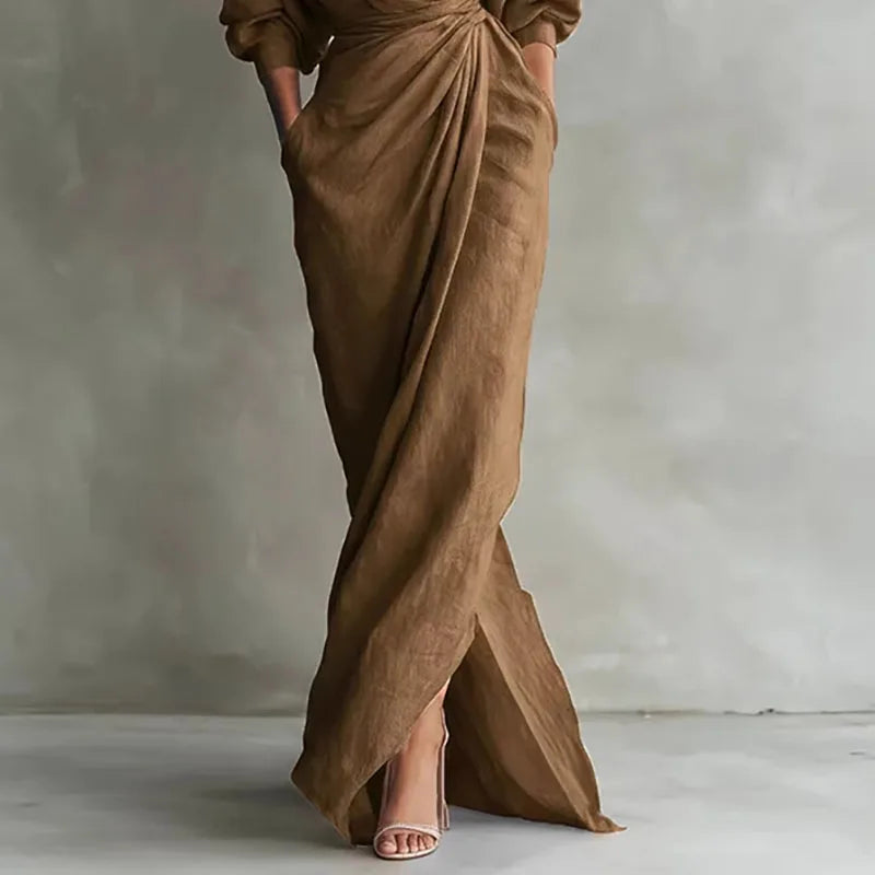 Elegantes Maxikleid mit Drapierung für Damen – Figurbetontes Wickelkleid mit V-Ausschnitt