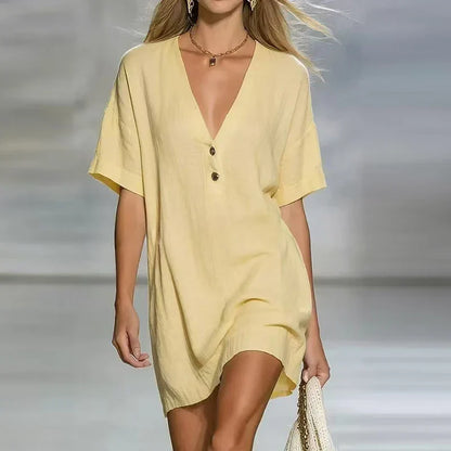 Lässiges Mini Kleid mit V-Ausschnitt für Damen – Luftiges Sommerkleid mit Knopfleiste