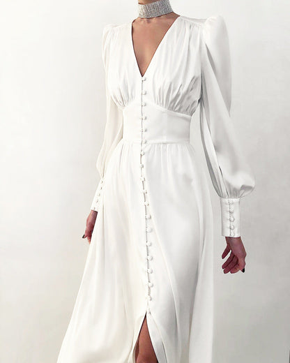 Elegantes Midi Kleid mit V-Ausschnitt & Knopfleiste – Fließendes Langarmkleid für Damen
