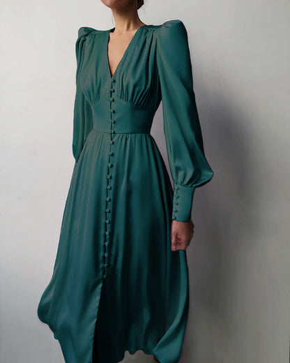 Elegantes Midi Kleid mit V-Ausschnitt & Knopfleiste – Fließendes Langarmkleid für Damen