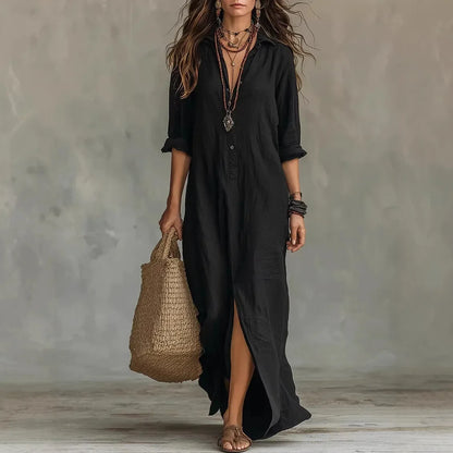 Langes Maxikleid mit Hemdkragen für Damen – Luftiges Freizeitkleid mit V-Ausschnitt & Langarm