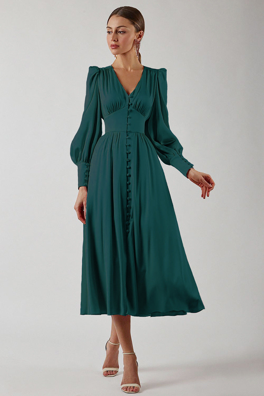 Elegantes Midi Kleid mit V-Ausschnitt & Knopfleiste – Fließendes Langarmkleid für Damen