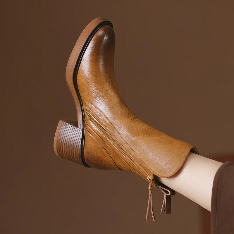 Elegante Damen Leder Stiefeletten mit Blockabsatz – Bequeme Boots mit Reißverschluss