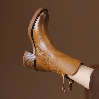Elegante Damen Leder Stiefeletten mit Blockabsatz – Bequeme Boots mit Reißverschluss