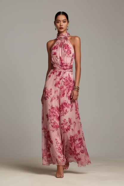 Florales Maxikleid für Damen – Elegantes Halterneck Kleid mit Taillengürtel