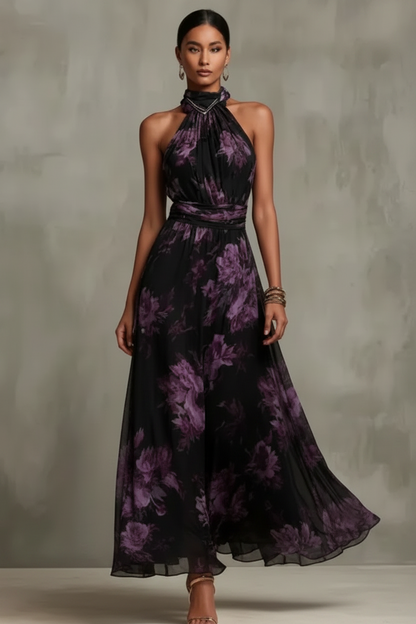Florales Maxikleid für Damen – Elegantes Halterneck Kleid mit Taillengürtel
