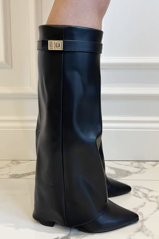 Maëline - Elegante Hohe Stiefel aus Wildleder mit Überschlag und Goldenen Details