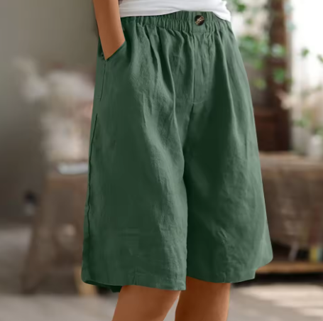 Lässige Leinen Shorts mit Elastikbund für Damen – Bequeme Sommer Bermuda mit Taschen