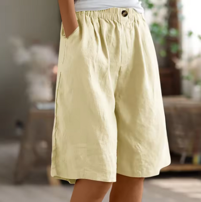 Lässige Leinen Shorts mit Elastikbund für Damen – Bequeme Sommer Bermuda mit Taschen
