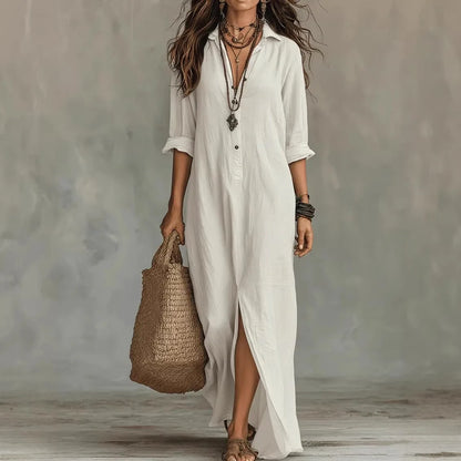 Langes Maxikleid mit Hemdkragen für Damen – Luftiges Freizeitkleid mit V-Ausschnitt & Langarm