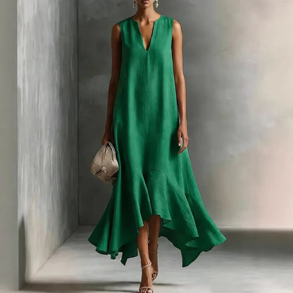 Elegantes Maxikleid mit Volantsaum für Damen – Fließendes A-Linien Kleid mit V-Ausschnitt