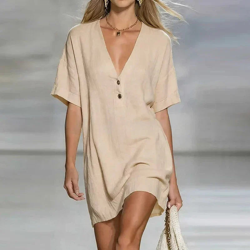 Lässiges Mini Kleid mit V-Ausschnitt für Damen – Luftiges Sommerkleid mit Knopfleiste