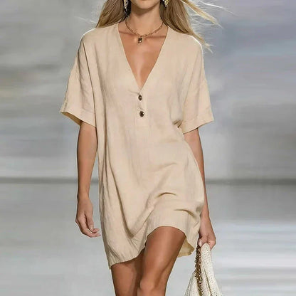 Lässiges Mini Kleid mit V-Ausschnitt für Damen – Luftiges Sommerkleid mit Knopfleiste