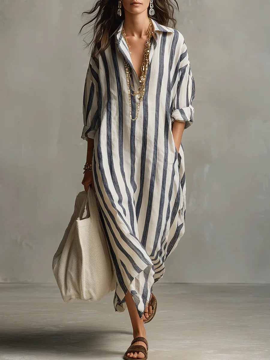 Gestreiftes Maxikleid mit Hemdkragen für Damen – Luftiges Oversize Sommerkleid mit Taschen