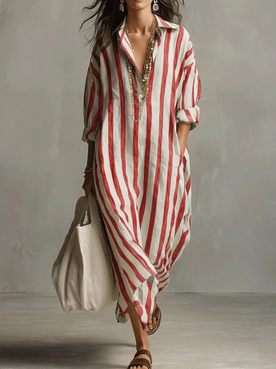 Gestreiftes Maxikleid mit Hemdkragen für Damen – Luftiges Oversize Sommerkleid mit Taschen