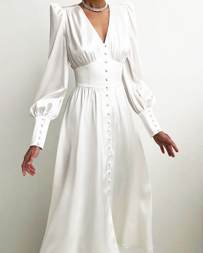 Elegantes Midi Kleid mit V-Ausschnitt & Knopfleiste – Fließendes Langarmkleid für Damen
