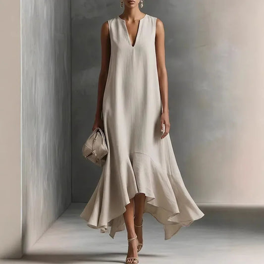 Elegantes Maxikleid mit Volantsaum für Damen – Fließendes A-Linien Kleid mit V-Ausschnitt