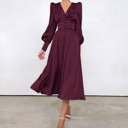 Elegantes Midi Kleid mit V-Ausschnitt & Knopfleiste – Fließendes Langarmkleid für Damen