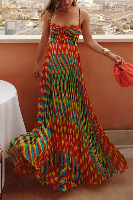 Aliénor - Maxikleid mit luftiger, farbenfroher Musterung, elegant für Frühling und Sommer, Bandeau-Stil mit feinen Spaghetti-Trägern