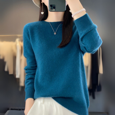 Regina - Bequemer Pullover aus blauer Kaschmirwolle mit Rundhalsausschnitt