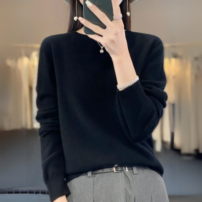 Regina - Bequemer Pullover aus blauer Kaschmirwolle mit Rundhalsausschnitt