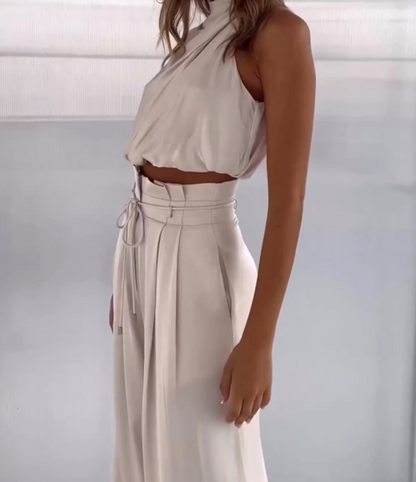 Elegantes Satin Zweiteiler Set mit Neckholder Top für Damen – Weit geschnittene Hose & stilvolles Sommer Outfit