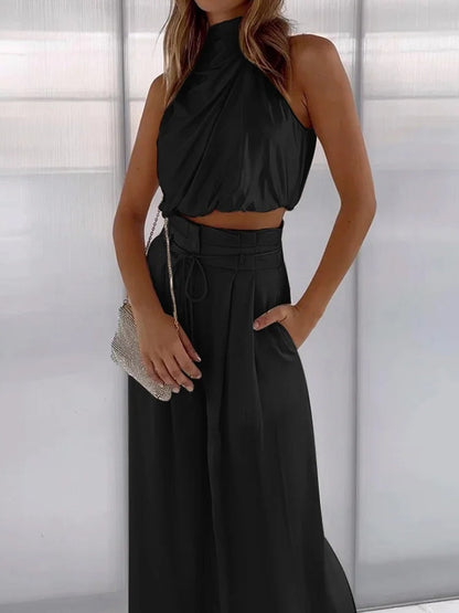 Elegantes Satin Zweiteiler Set mit Neckholder Top für Damen – Weit geschnittene Hose & stilvolles Sommer Outfit