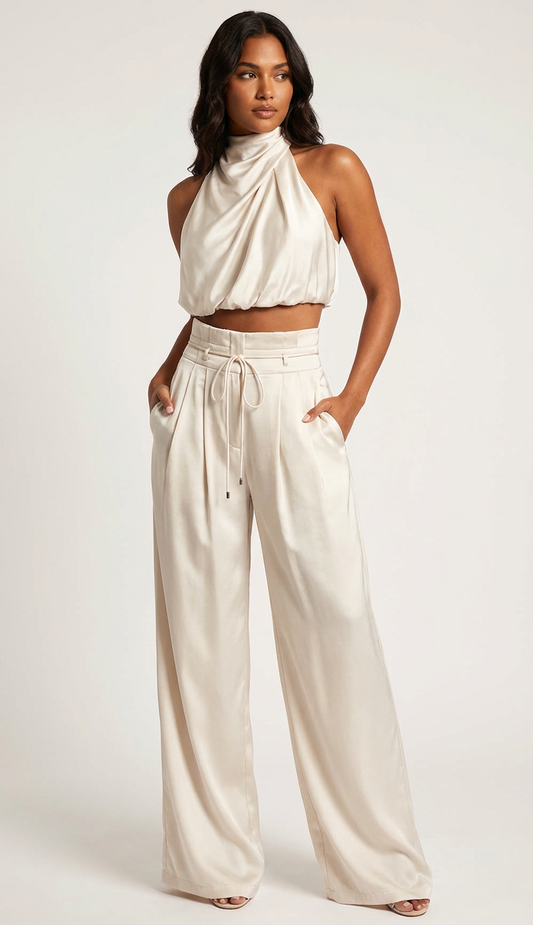 Elegantes Satin Zweiteiler Set mit Neckholder Top für Damen – Weit geschnittene Hose & stilvolles Sommer Outfit