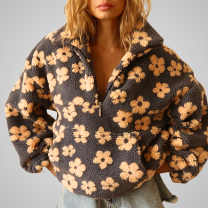 Noély - Teddy-Pullover mit floralem Print für Damen, weich, Frühling, mit Reißverschlusskragen und Taschen