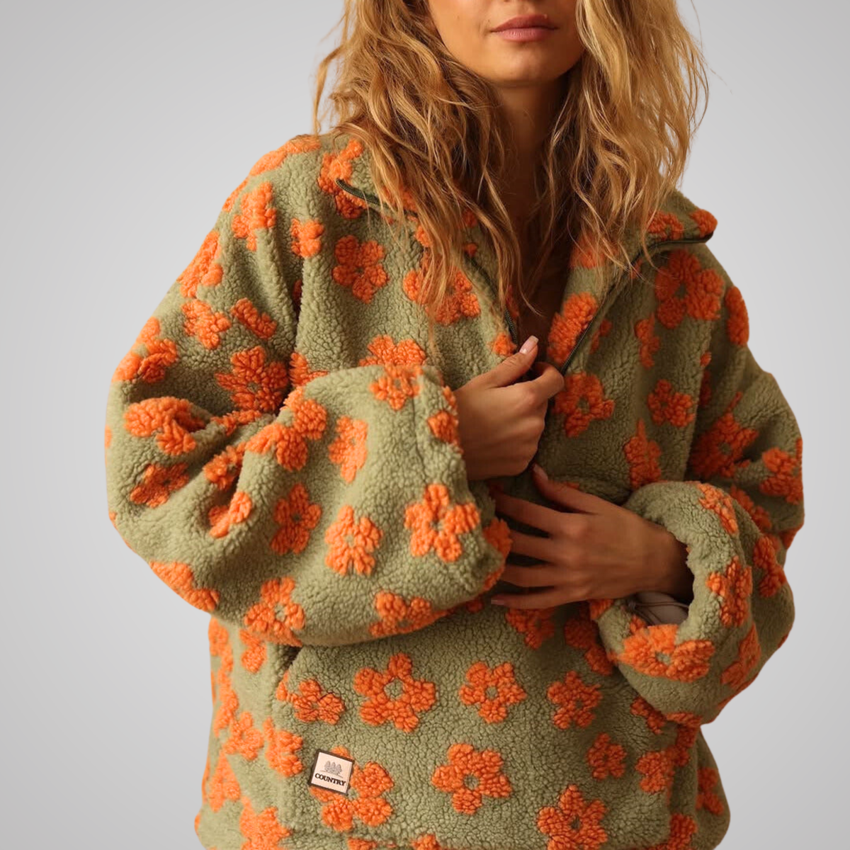 Noély - Teddy-Pullover mit floralem Print für Damen, weich, Frühling, mit Reißverschlusskragen und Taschen