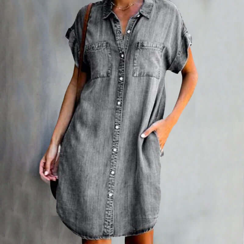 Jeans-Hemdblusenkleid mit Knopfleiste – Damen Freizeitkleid in Lockerer Passform mit Taschen