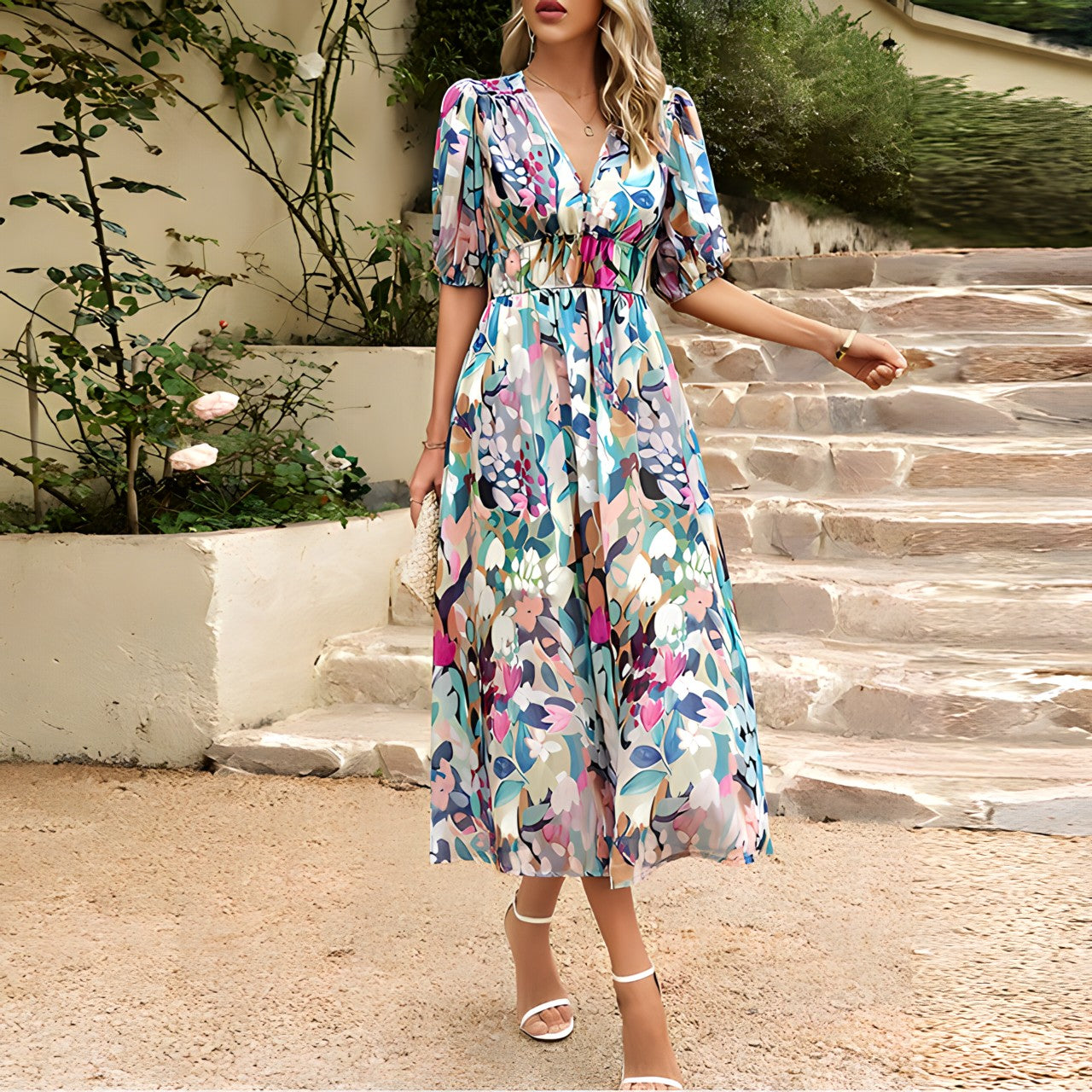 Elegantes Midi Sommerkleid mit V-Ausschnitt & floralem Print – Luftiges Kleid für Damen
