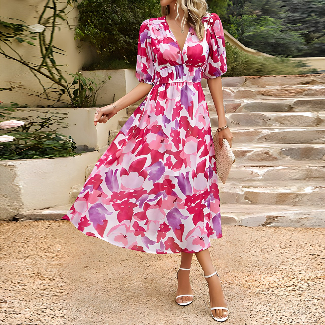 Elegantes Midi Sommerkleid mit V-Ausschnitt & floralem Print – Luftiges Kleid für Damen