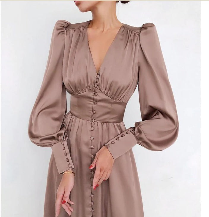 Elegantes Midi Kleid mit V-Ausschnitt & Knopfleiste – Fließendes Langarmkleid für Damen