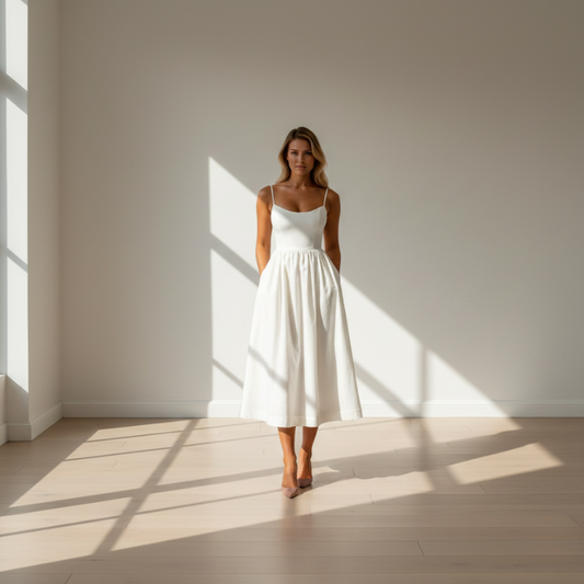 Elegantes Midi Sommerkleid mit Spaghettiträgern & taillierter Passform für Damen – Leicht & Feminin