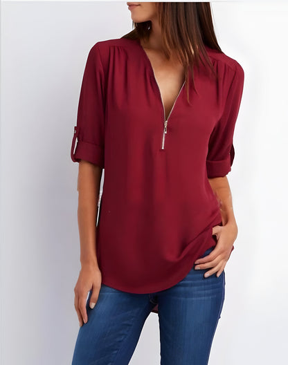 Elegante Damen Bluse mit Reißverschluss-Ausschnitt – Locker & Vielseitig für Alltag & Büro