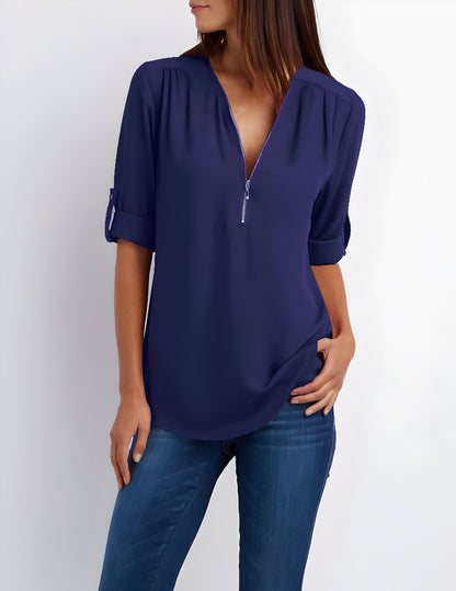 Elegante Damen Bluse mit Reißverschluss-Ausschnitt – Locker & Vielseitig für Alltag & Büro