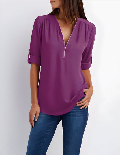 Elegante Damen Bluse mit Reißverschluss-Ausschnitt – Locker & Vielseitig für Alltag & Büro