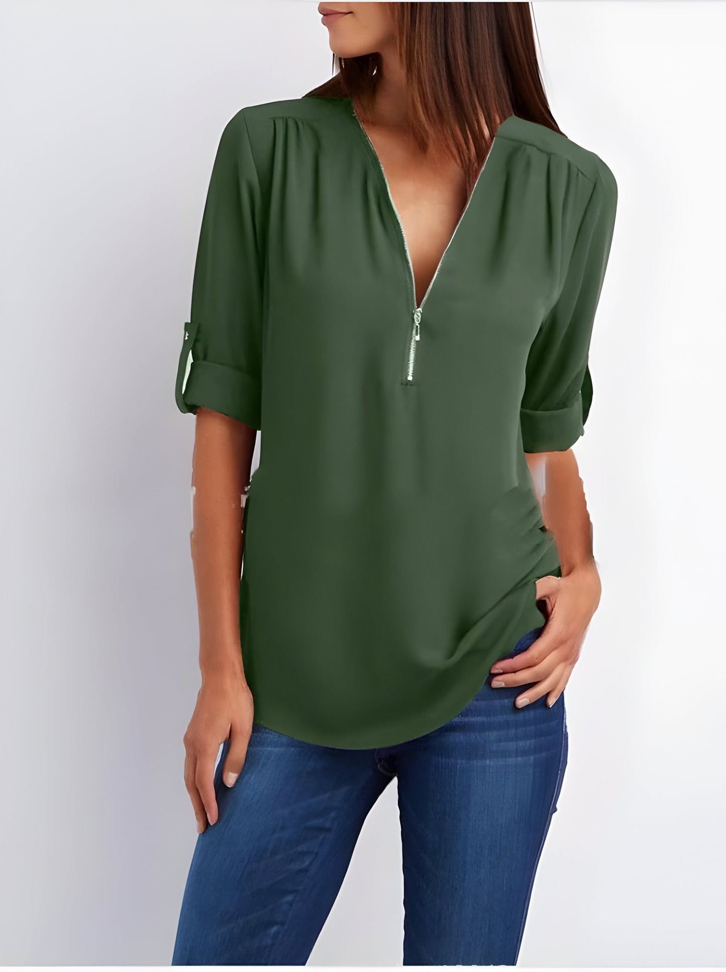 Elegante Damen Bluse mit Reißverschluss-Ausschnitt – Locker & Vielseitig für Alltag & Büro