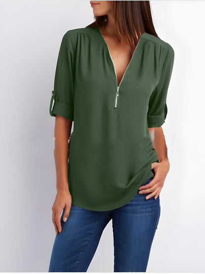 Elegante Damen Bluse mit Reißverschluss-Ausschnitt – Locker & Vielseitig für Alltag & Büro